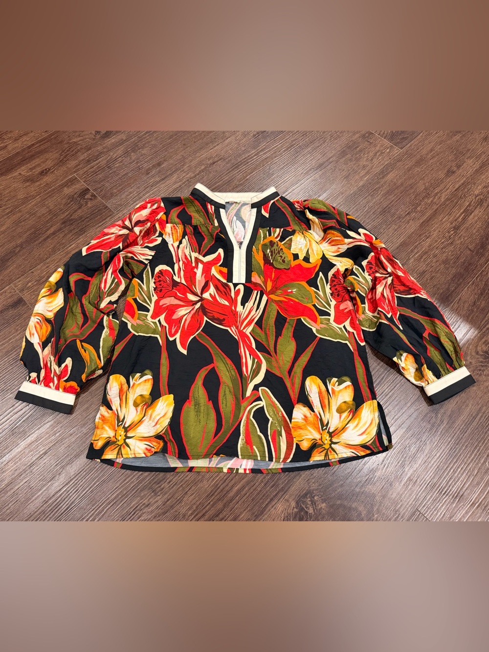 JODIFL Black Blouse with Red and Yellow Floral Print